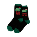 Pair of black crew socks with green cuffs. Design features a green turtle wearing a Santa hat and 'Slow Ho Ho' text.
