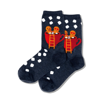 dark blue novelty crew socks with a gingerbread man and woman in a red coffee cup and ladder.   