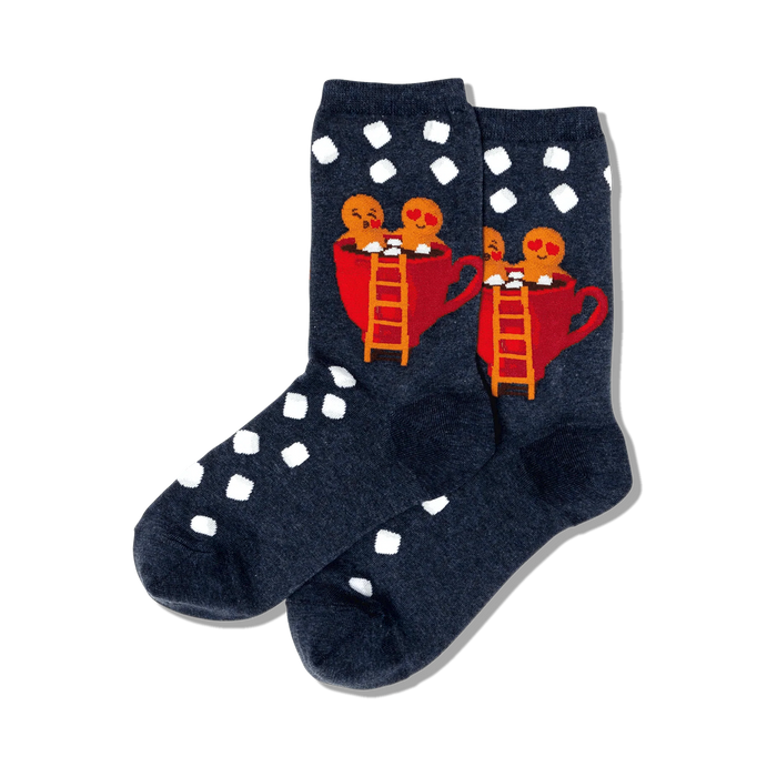 dark blue novelty crew socks with a gingerbread man and woman in a red coffee cup and ladder.   