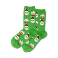 Pair of women's crew socks; bright green with repeating pattern of illustrated Santa and Mrs. Claus faces wearing glasses and red hats.