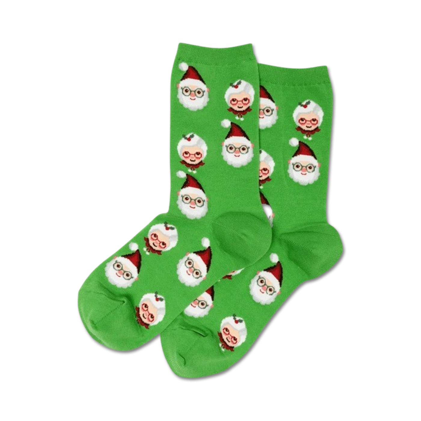 Pair of women's crew socks; bright green with repeating pattern of illustrated Santa and Mrs. Claus faces wearing glasses and red hats.