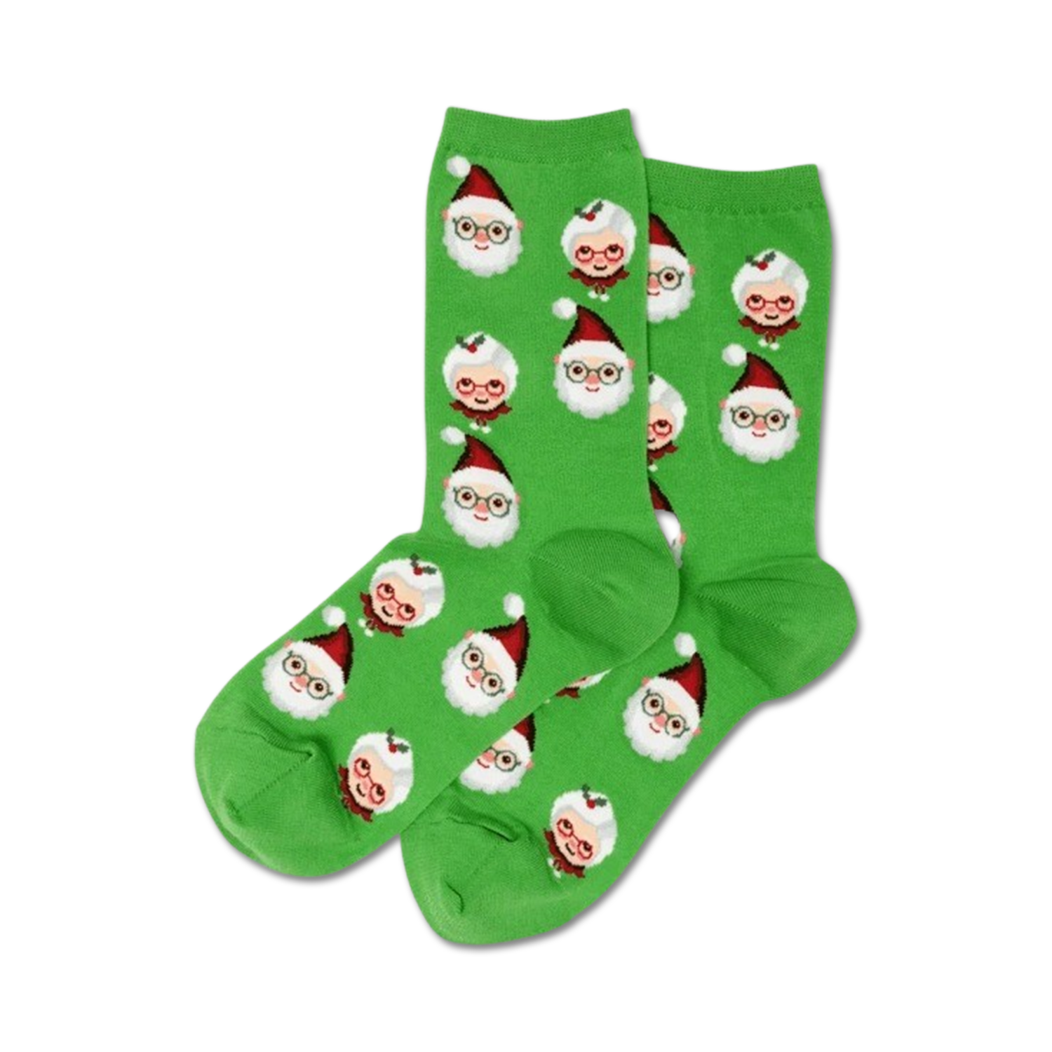 Pair of women's crew socks; bright green with repeating pattern of illustrated Santa and Mrs. Claus faces wearing glasses and red hats.