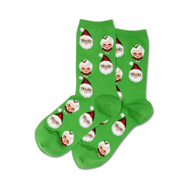 green women's crew sock features a pattern of santa and mrs. claus.  