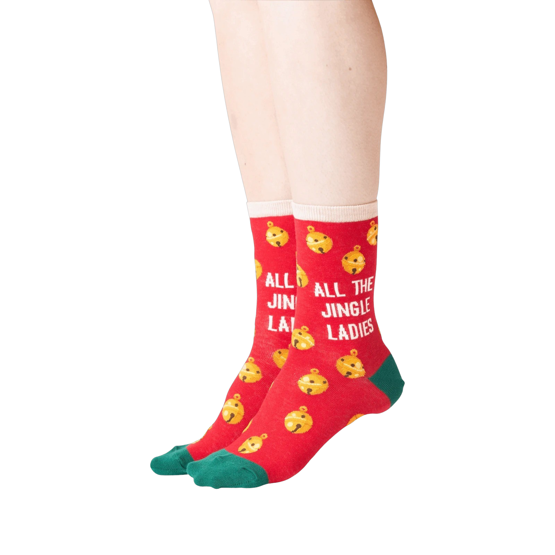 Lifestyle shot showing the socks on a person's feet. The socks are red with gold jingle bells and green cuffs. 