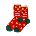 Pair of red crew socks with a green cuff. Features gold jingle bells and the text 'All the Jingle Ladies' repeated.