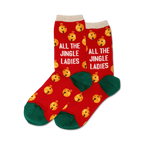 Pair of red crew socks with a green cuff. Features gold jingle bells and the text 'All the Jingle Ladies' repeated.