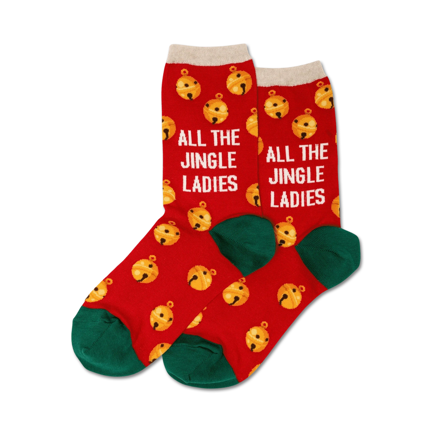 Pair of red crew socks with a green cuff. Features gold jingle bells and the text 'All the Jingle Ladies' repeated.