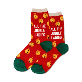 red crew socks with green toe, heel, and cuff. jingle bells and "all the jingle ladies" text adorn the socks.  