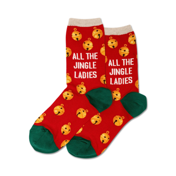 red crew socks with green toe, heel, and cuff. jingle bells and "all the jingle ladies" text adorn the socks.  