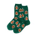 Pair of women's crew socks in teal green.  The socks have a pattern of gingerbread houses and candy canes.