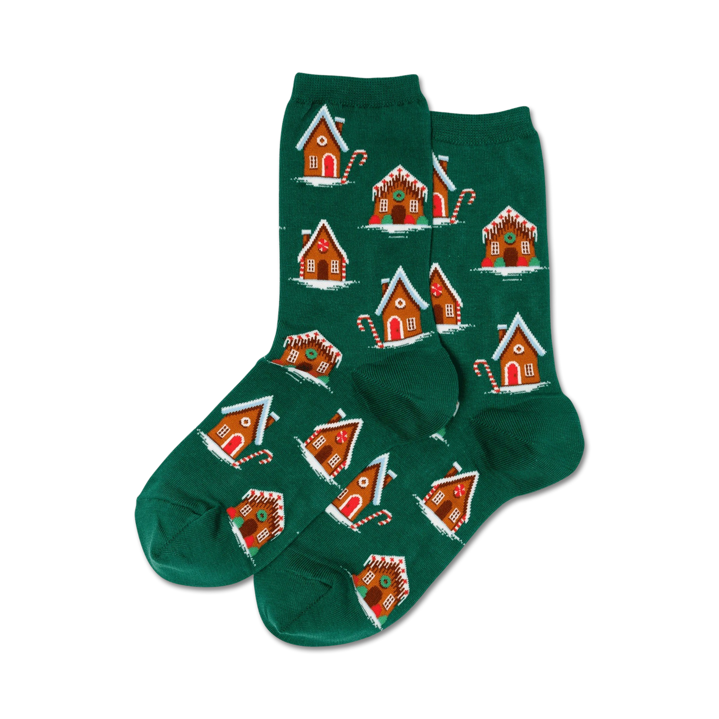 Pair of women's crew socks in teal green.  The socks have a pattern of gingerbread houses and candy canes.