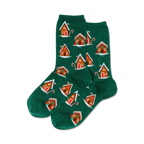 Pair of women's crew socks in teal green.  The socks have a pattern of gingerbread houses and candy canes.