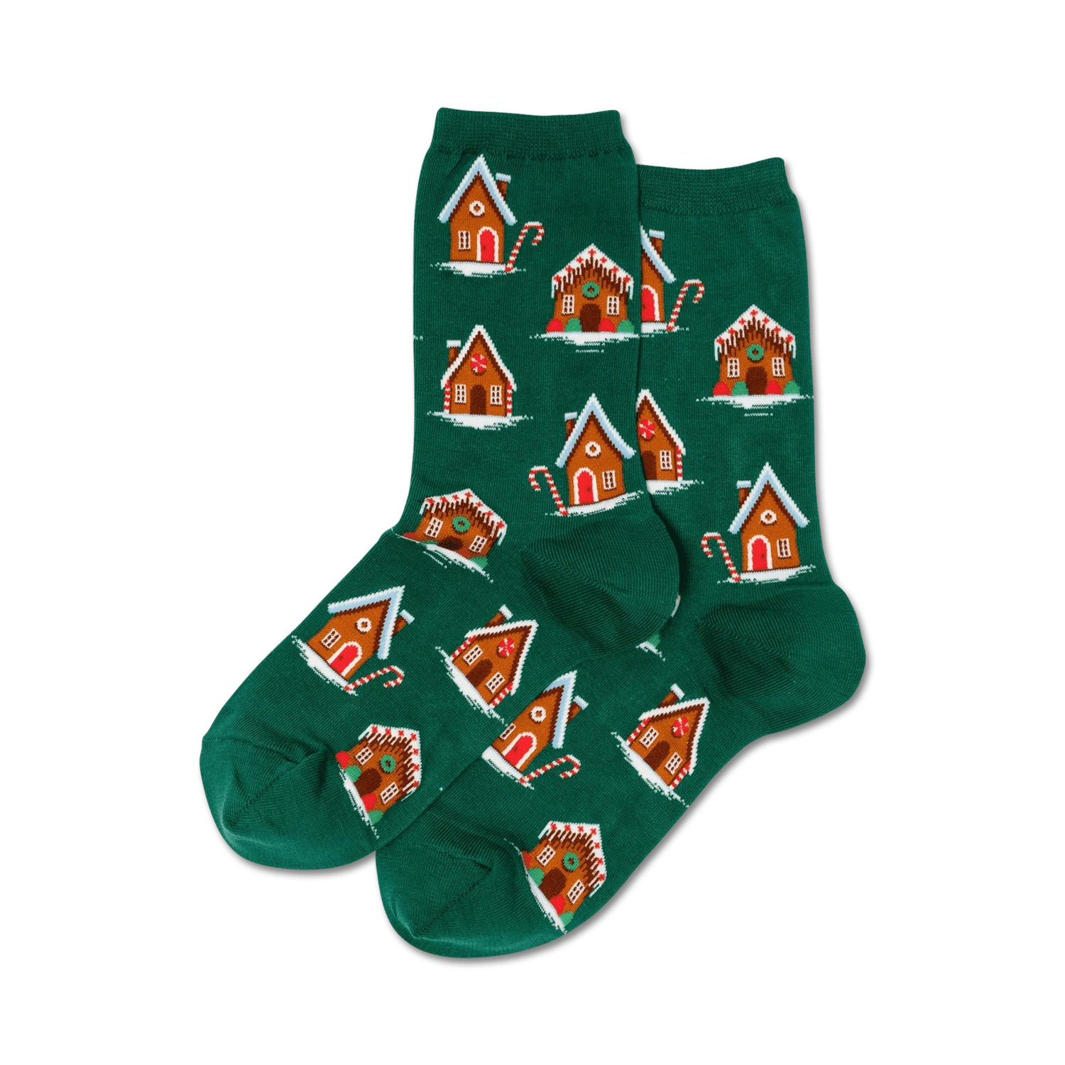 Pair of women's crew socks in teal green.  The socks have a pattern of gingerbread houses and candy canes.