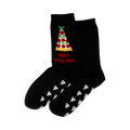 A pair of black non-skid slipper socks.  They feature a Christmas tree-shaped pizza graphic and the words 'Merry Crustmas'. The soles are decorated with small pizza slice patterns.