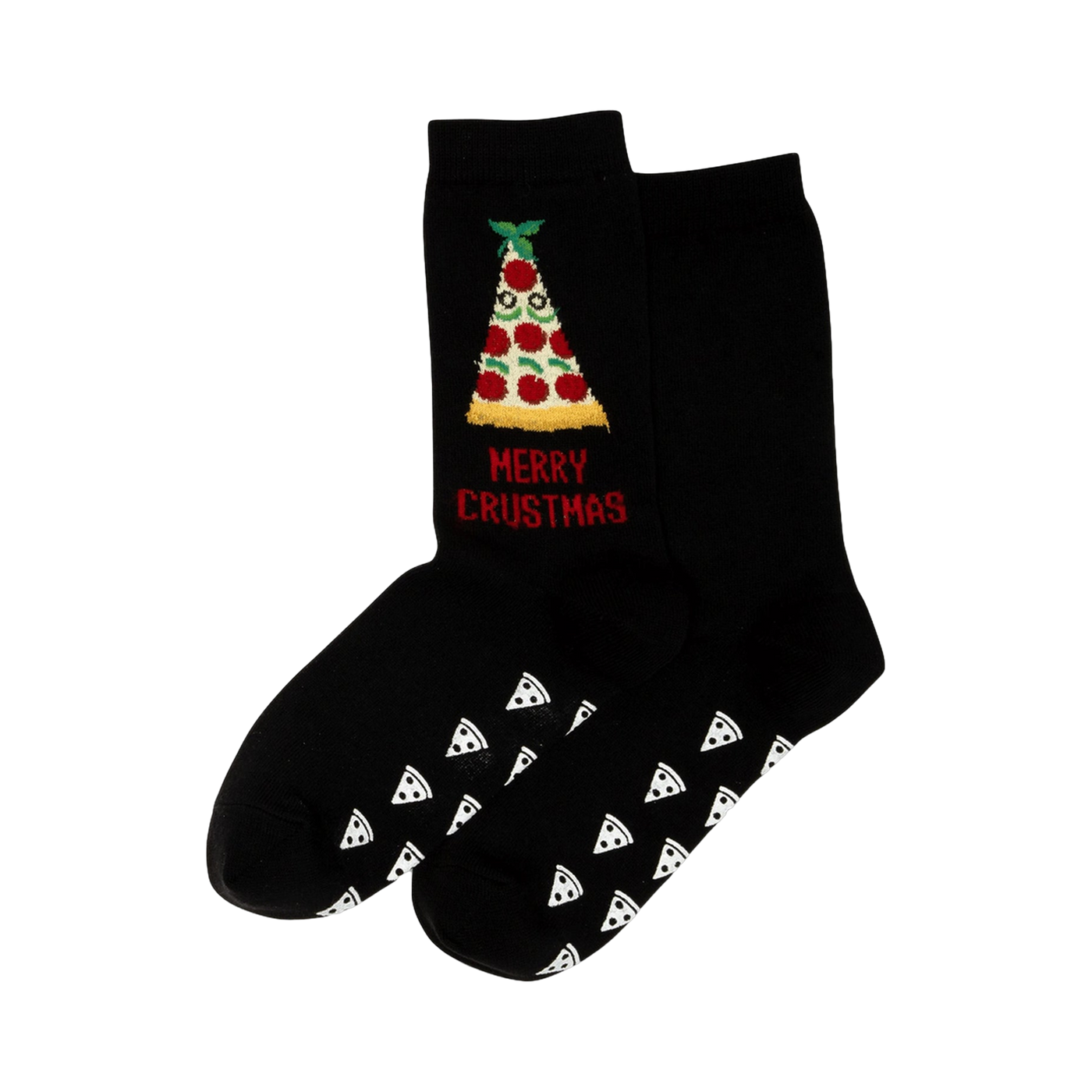 A pair of black non-skid slipper socks.  They feature a Christmas tree-shaped pizza graphic and the words 'Merry Crustmas'. The soles are decorated with small pizza slice patterns.