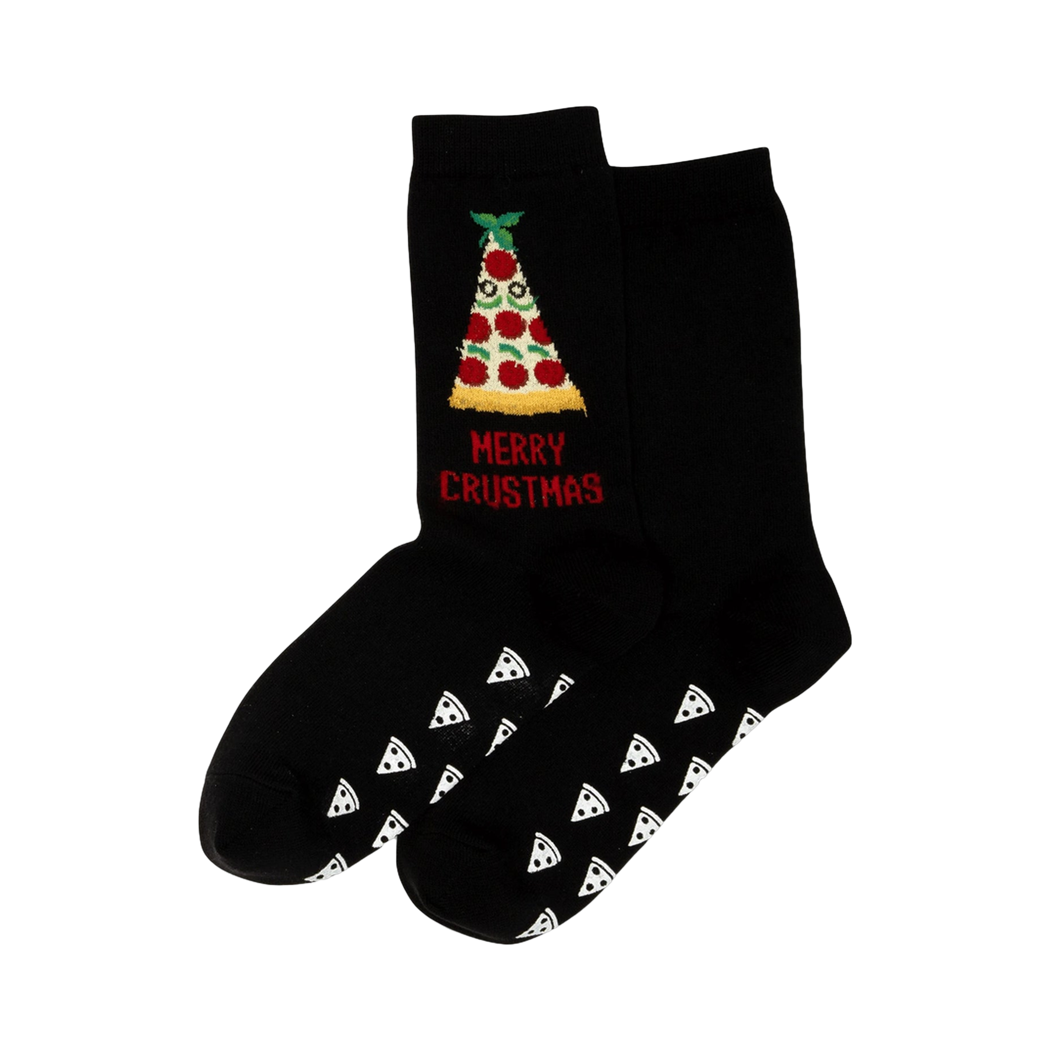 A pair of black non-skid slipper socks.  They feature a Christmas tree-shaped pizza graphic and the words 'Merry Crustmas'. The soles are decorated with small pizza slice patterns.