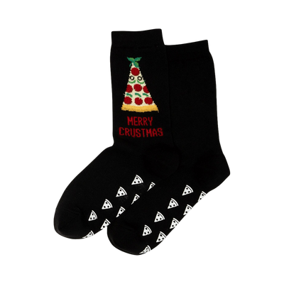 A pair of black non-skid slipper socks.  They feature a Christmas tree-shaped pizza graphic and the words 'Merry Crustmas'. The soles are decorated with small pizza slice patterns.