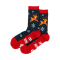 Pair of dark gray crew socks with red cuffs and toes. Reindeer pulling a sleigh and snowflakes are featured in the design.