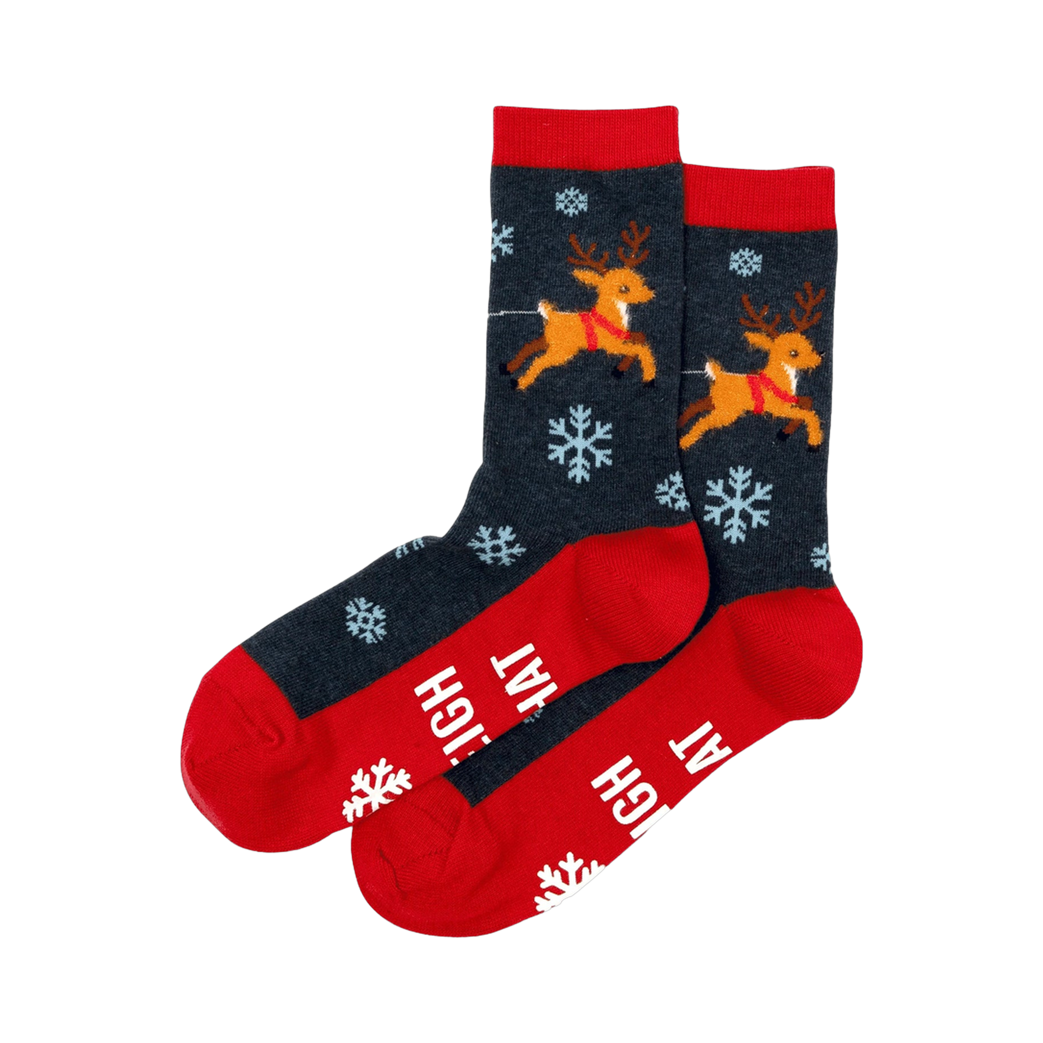 Pair of dark gray crew socks with red cuffs and toes. Reindeer pulling a sleigh and snowflakes are featured in the design.