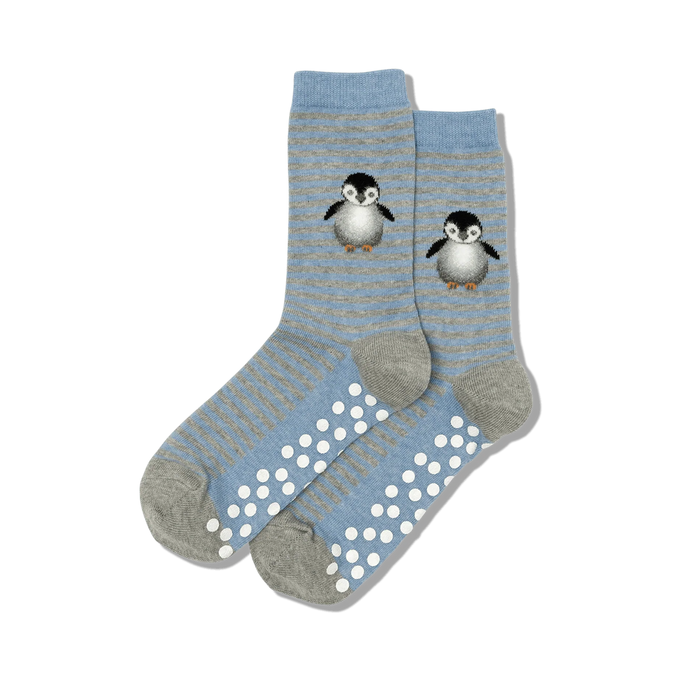Pair of blue and grey striped gripper socks with a cute penguin design on each. 