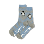 Pair of blue and grey striped gripper socks with a cute penguin design on each. 