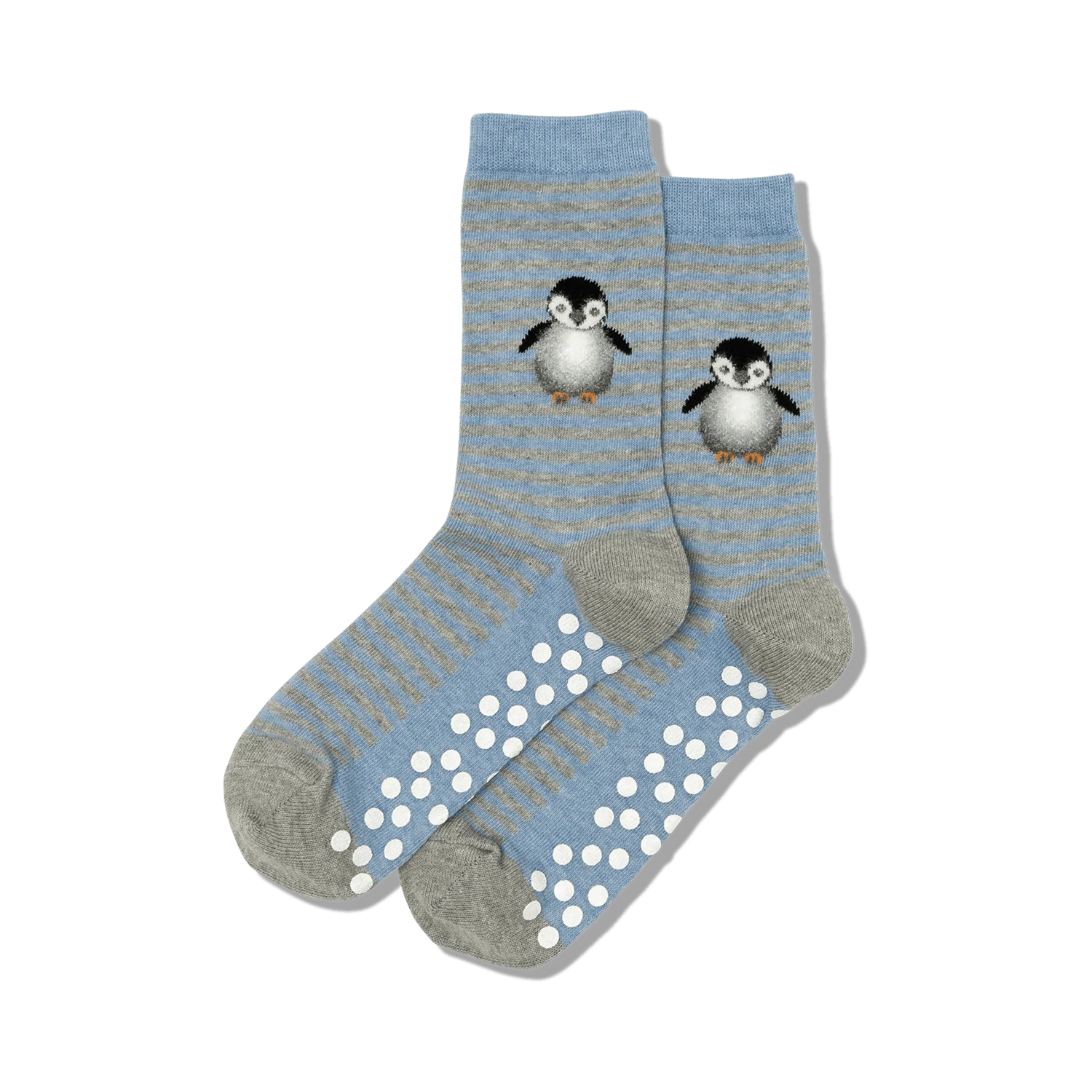 Pair of blue and grey striped gripper socks with a cute penguin design on each. 