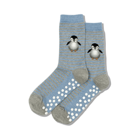 women's crew socks with non-slip soles. blue and gray stripes. black and white penguins with orange feet and beaks.   