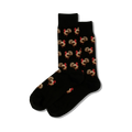 Pair of black crew socks with a repeating pattern of brown and red turkeys. Fun and festive!