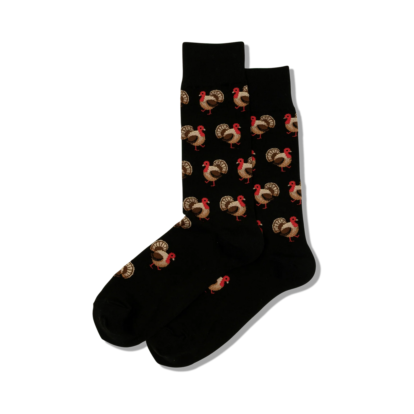 Pair of black crew socks with a repeating pattern of brown and red turkeys. Fun and festive!