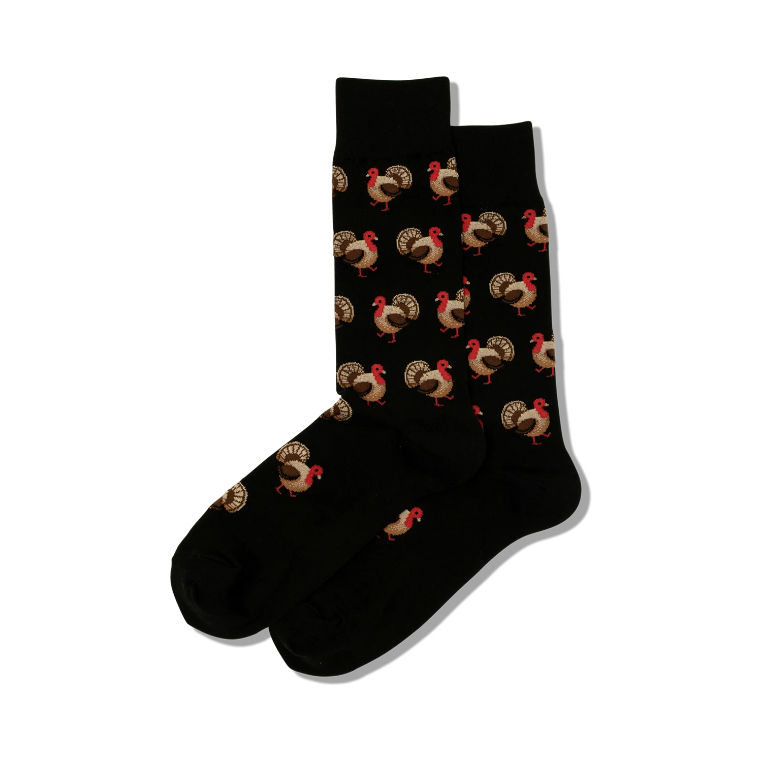 Pair of black crew socks with a repeating pattern of brown and red turkeys. Fun and festive!