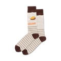 Pair of beige and brown striped crew socks.  One sock features a cartoon chicken leg and the text 'LEG DAY'.