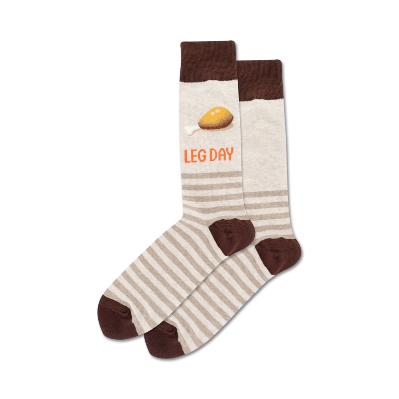 Pair of beige and brown striped crew socks.  One sock features a cartoon chicken leg and the text 'LEG DAY'.
