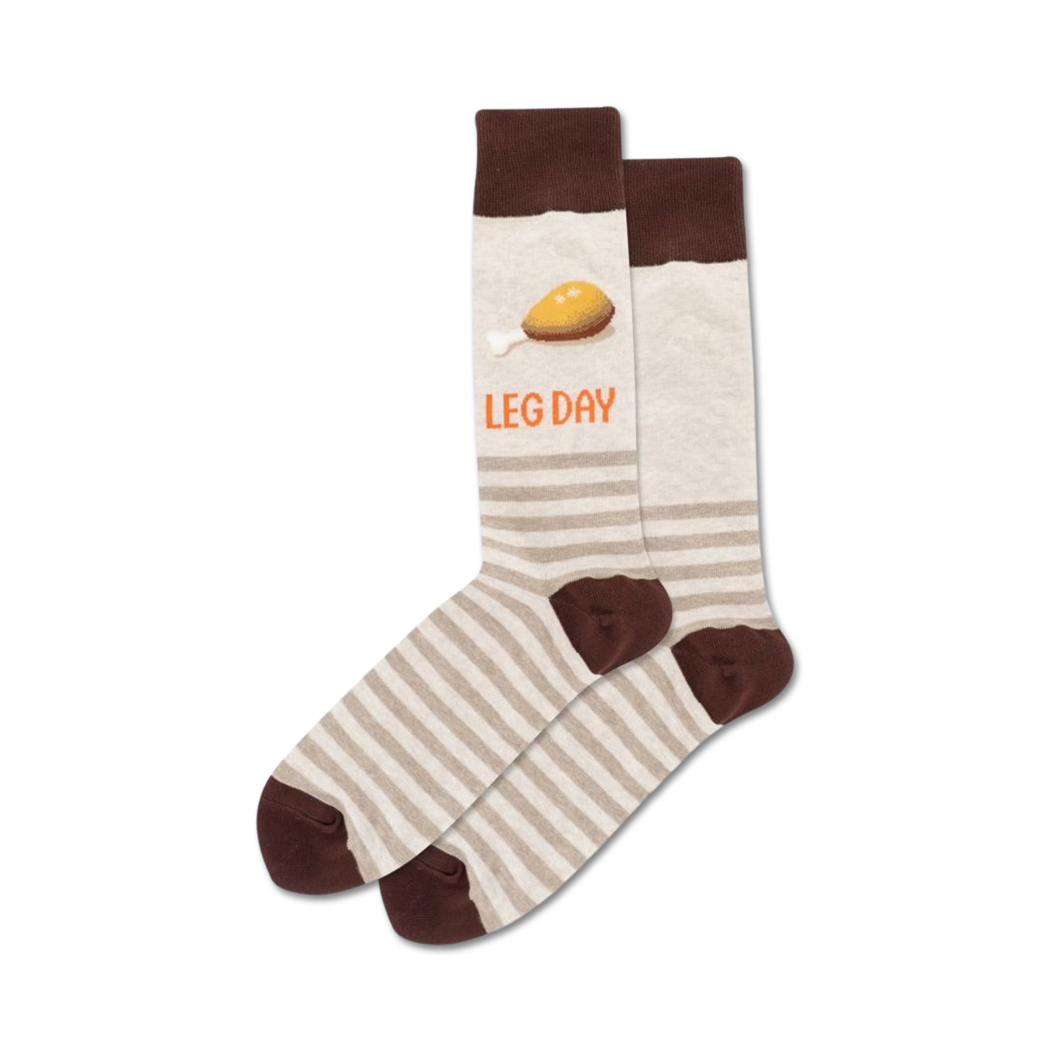 Pair of beige and brown striped crew socks.  One sock features a cartoon chicken leg and the text 'LEG DAY'.