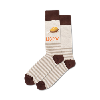 thanksgiving themed crew socks for men with drumstick graphic and "leg day" text.  
