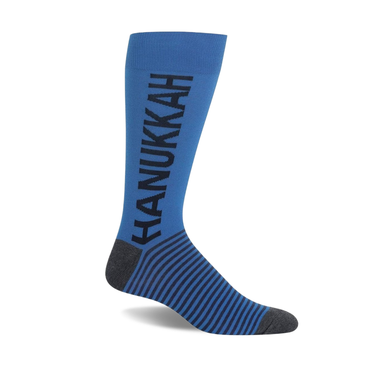 Single blue Hanukkah crew sock with 'HANUKKAH' written vertically in dark grey, and dark grey stripes on the foot, heel, and toe.