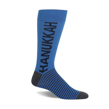 Single blue Hanukkah crew sock with 'HANUKKAH' written vertically in dark grey, and dark grey stripes on the foot, heel, and toe.