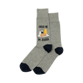 A pair of heather gray crew socks with a navy blue cuff. The socks show a graphic of a knish, mustard, and seasonings with the text 'Knish Me, I'm Jewish'.