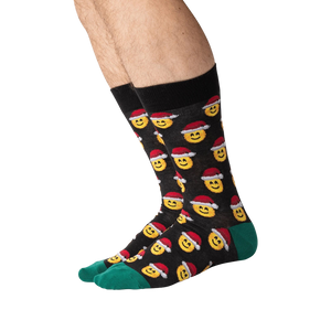 Lifestyle shot of a person wearing the Santa Smile Emoji socks. Shows how the socks look on the foot.