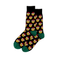 Pair of black crew socks featuring a repeating pattern of yellow smiling emojis wearing Santa hats. Green cuffs.