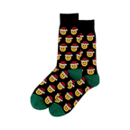 Pair of black crew socks featuring a repeating pattern of yellow smiling emojis wearing Santa hats. Green cuffs.