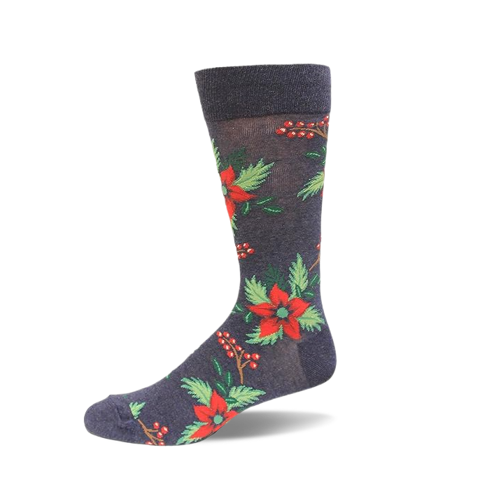 Charcoal grey crew sock with a repeating pattern of red poinsettia flowers, green leaves, and red berries on a white background.