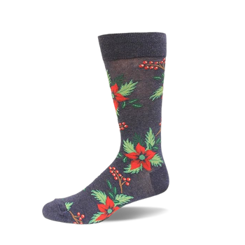 Charcoal grey crew sock with a repeating pattern of red poinsettia flowers, green leaves, and red berries on a white background.
