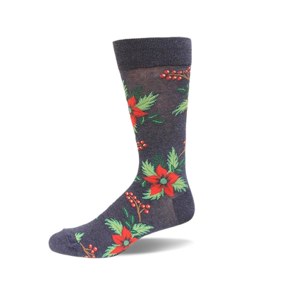 Charcoal grey crew sock with a repeating pattern of red poinsettia flowers, green leaves, and red berries on a white background.