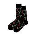 Pair of crew socks, black and grey options shown, featuring a repeating pattern of Christmas-themed martini glasses, candy canes, and ornaments.