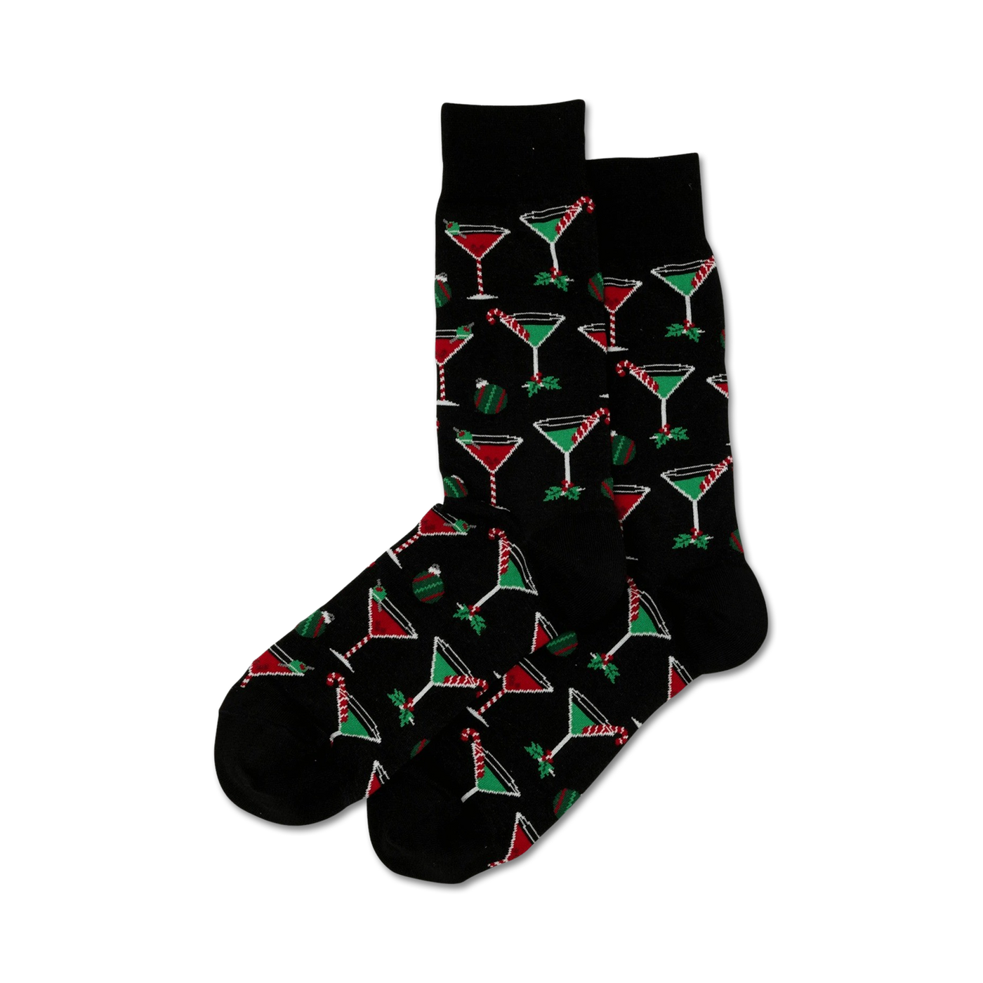 Pair of crew socks, black and grey options shown, featuring a repeating pattern of Christmas-themed martini glasses, candy canes, and ornaments.