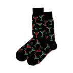 Pair of crew socks, black and grey options shown, featuring a repeating pattern of Christmas-themed martini glasses, candy canes, and ornaments.