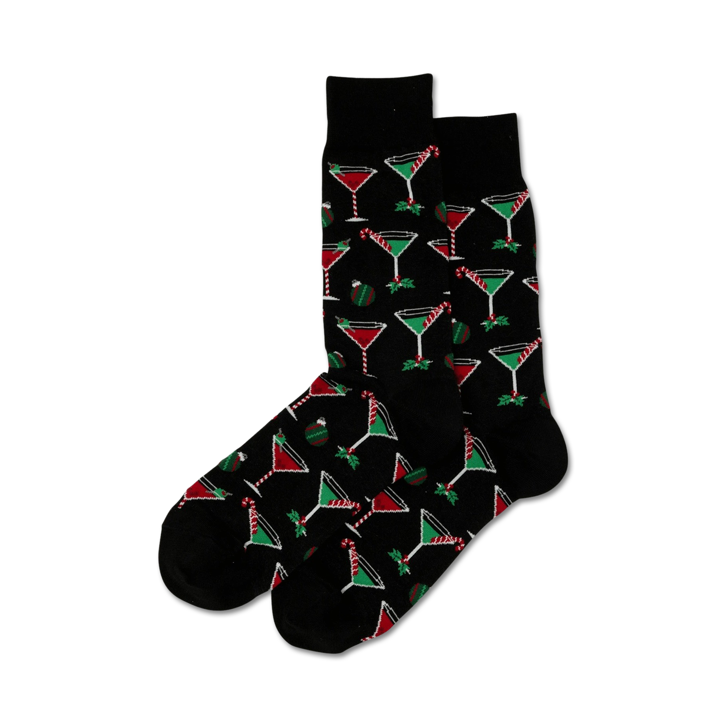 Pair of crew socks, black and grey options shown, featuring a repeating pattern of Christmas-themed martini glasses, candy canes, and ornaments.