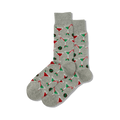 Pair of grey Christmas Cocktails socks shown in a flat lay.
