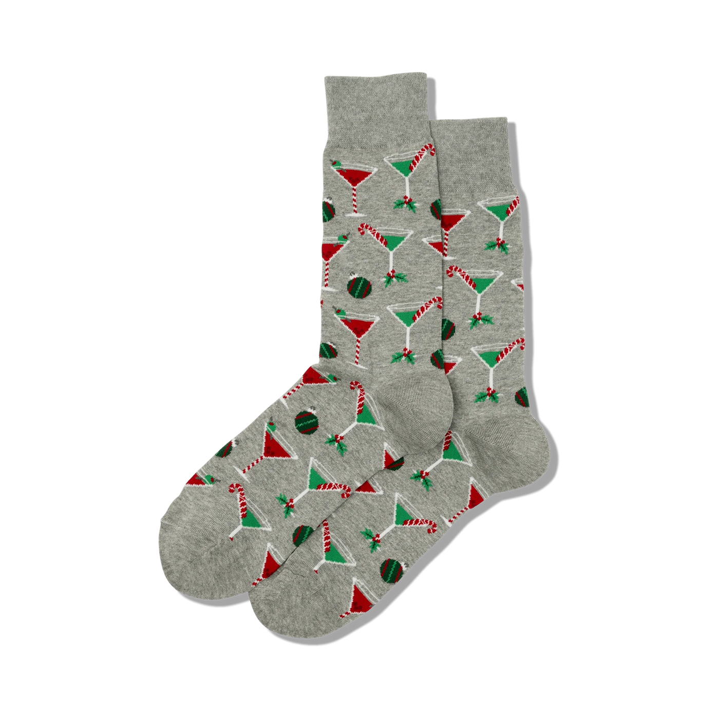 Pair of grey Christmas Cocktails socks shown in a flat lay.