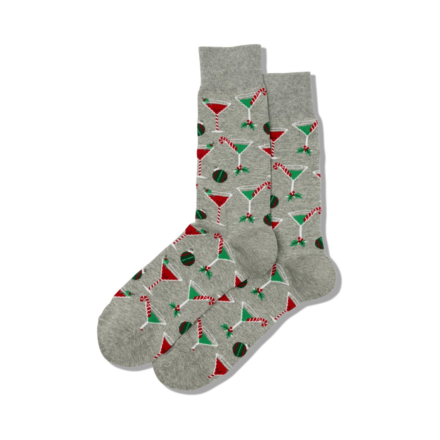 Pair of grey Christmas Cocktails socks shown in a flat lay.